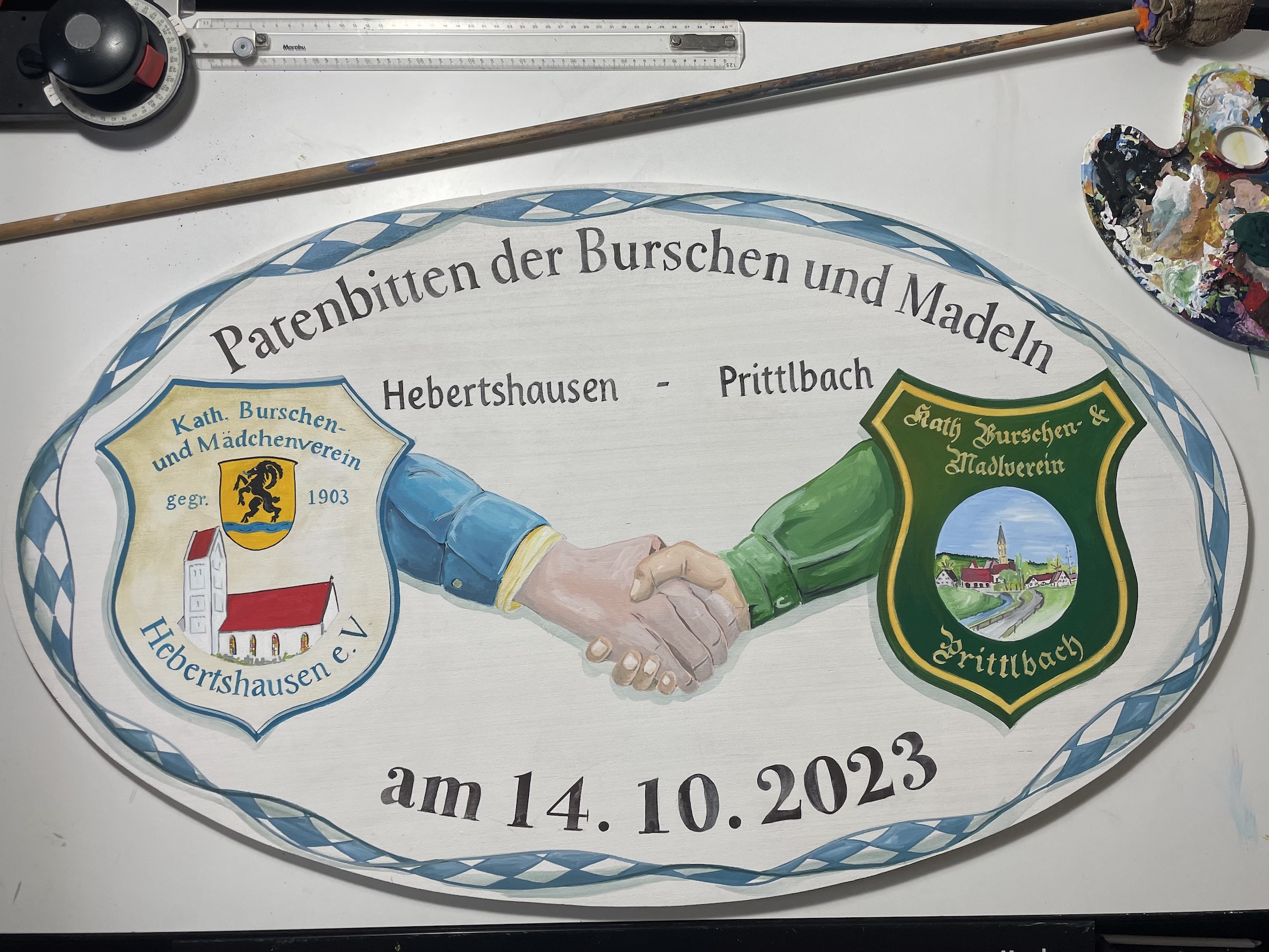 Handgemaltes Schild für Patenbitten der Burschen und Madeln Hebertshausen - Prittlbach