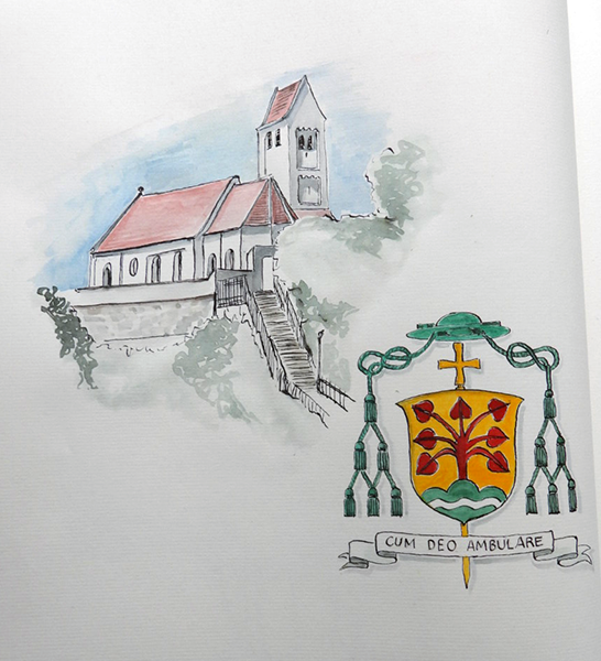 Eintrag Goldenes Buch Hebertshausen, Weihbischof Dr. Hasslberger, Aquarell Illustration