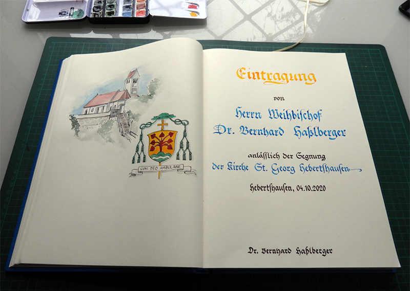 Eintrag Goldenes Buch Hebertshausen, Weihbischof Dr. Hasslberger, Aquarellmalerei und Kalligrafie