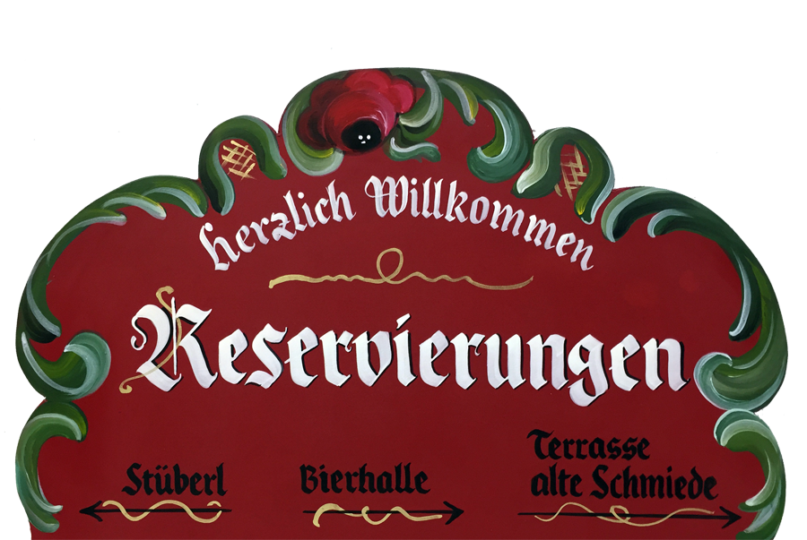 Pinselhandschrift und rustikale Bauernmalerei auf in Form gesägten Holzschild